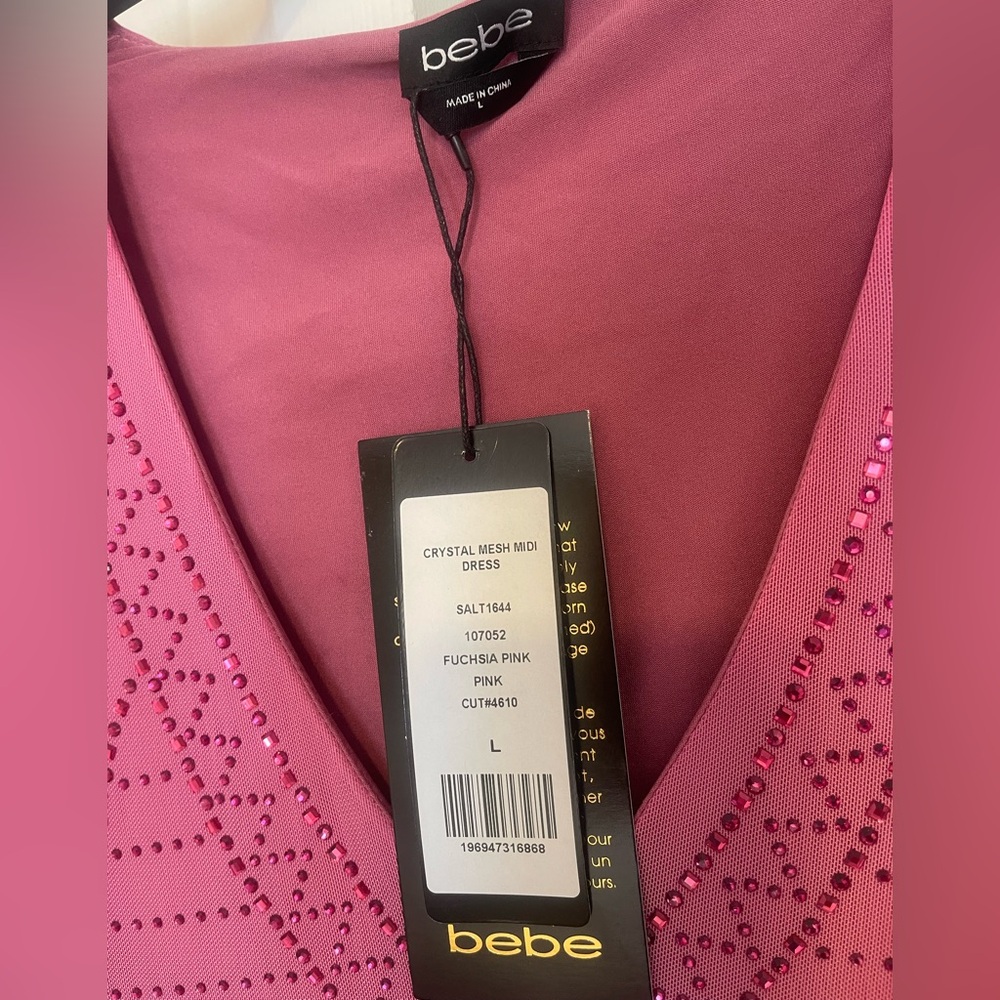 Bebe Pink Long Sleeve Crystal Mesh Midi Dress - Picture 5 of 5